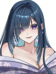 1girl asymmetrical_bangs bare_shoulders blue_hair breasts cleavage commentary diamond-shaped_pupils diamond_(shape) earrings english_commentary floral_print floral_print_kimono flower flower_earrings hair_over_one_eye haori903 highres japanese_clothes jewelry kimono long_hair looking_at_viewer original parted_lips pink_flower print_kimono purple_eyes purple_kimono simple_background smile solo symbol-shaped_pupils upper_body white_background