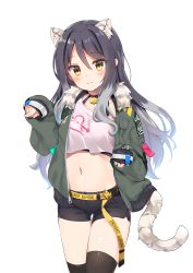 Rule 34 | 1girl, alternate costume, animal ears, belt, black hair, black shorts, black thighhighs, blush, casual, choker, commentary request, cowboy shot, crop top, female focus, fur collar, green jacket, halterneck, highres, jacket, kutata, long hair, long sleeves, midriff, multicolored hair, navel, open clothes, open jacket, princess connect!, shiori (princess connect!), shirt, short shorts, shorts, simple background, smile, solo, split mouth, standing, tail, thighhighs, thighs, tiger ears, tiger tail, white background, white shirt, yellow eyes