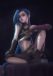 1girl arcane:_league_of_legends arcane_jinx arm_tattoo asymmetrical_gloves black_eyeshadow blue_hair boots braid brown_boots captdiablo cloud_tattoo commentary crop_top detached_sleeves english_commentary eyeshadow flat_chest frown gloves gun highres hip_tattoo holding holding_gun holding_weapon jinx_(league_of_legends) league_of_legends long_hair low_twin_braids makeup midriff navel pants pink_eyes purple_lips purple_pants shoulder_tattoo single_detached_sleeve sitting solo striped_clothes striped_pants tattoo twin_braids vertical-striped_clothes vertical-striped_pants very_long_hair weapon