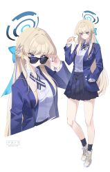Rule 34 | 1girl, absurdres, akanora, alternate costume, black skirt, black socks, blonde hair, blue archive, blue bow, blue eyes, blue halo, blue jacket, blue nails, blush, bow, closed mouth, earpiece, hair bow, halo, hand in pocket, highres, jacket, long hair, looking at viewer, looking over eyewear, multiple views, official alternate hairstyle, pleated skirt, school uniform, shirt, shoes, sidelocks, simple background, skirt, sneakers, socks, solo, sunglasses, toki (blue archive), white background, white shirt, yellow shoes