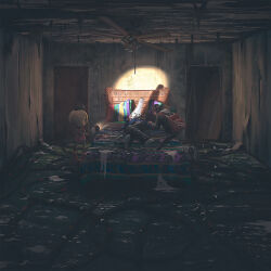 1girl abandoned backpack bag bed cable dilapidated flashlight head-mounted_display highres horror_(theme) original robot simon_stalenhag