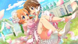 1boy 1girl arm_around_neck blue_bow blue_bowtie blue_eyes blurry bow bowtie brown_hair carrying couple day depth_of_field dress dutch_angle embarrassed eye_contact falling_petals flower frilled_dress frills game_cg gloves hair_flower hair_ornament hand_on_another&#039;s_face highres higurashi_no_naku_koro_ni higurashi_no_naku_koro_ni_mei jacket looking_at_another maebara_keiichi non-web_source official_art on_grass open_mouth orange_hair outdoors petals pink_petals princess_carry rose ryuuguu_rena shoes short_hair sky sleeveless sleeveless_dress tree wedding_dress white_gloves white_jacket white_shoes yellow_flower yellow_rose