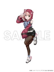 1girl absurdres almic animal_hood arm_up bare_shoulders belt blue_socks blush bob_cut breasts brown_eyes cat_hood closed_mouth full_body hair_between_eyes highres hood hooded_jacket hoodie jacket licking_lips long_sleeves looking_at_viewer mob_kara_hajimaru_tansaku_eiyuutan moriyama_miku open_hand palms pink_hair sample_watermark shoes short_hair short_shorts shorts simple_background sleeves_past_wrists smile socks solo spread_fingers thighhighs tongue tongue_out watermark white_background white_belt white_shoes