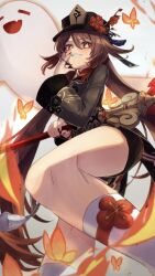 Rule 34 | 1girl, black nails, black shorts, boo tao (genshin impact), brown hair, chinese clothes, coattails, flower, flower-shaped pupils, genshin impact, ghost, hair between eyes, hat, hat flower, hat tassel, highres, hu tao (genshin impact), ikanago eak, jewelry, long hair, long sleeves, looking at viewer, multiple rings, plum blossoms, porkpie hat, red eyes, ring, shorts, smile, socks, solo, solo focus, staff of homa (genshin impact), symbol-shaped pupils, tailcoat, twintails, white socks