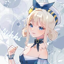 1girl balloon bare_shoulders beret black_bow black_bowtie black_gemstone blonde_hair blue_bow blue_choker blue_dress blue_eyes blue_sleeves blue_wrist_cuffs blunt_bangs bow bow_choker bowtie breasts bubble bubbly_voyage_(infinity_nikki) buttons chinese_commentary choker cleavage collared_dress commentary_request detached_sleeves dot_nose dress eyelashes frilled_choker frilled_sleeves frilled_wrist_cuffs frills gem grey_background hair_between_eyes hair_intakes hair_ornament hair_rings hairclip hand_up hat hat_bow hat_ornament infinity_nikki light_blush looking_at_viewer medium_breasts nikki_(nikki) nikki_(series) open_mouth outline see-through_clothes see-through_sleeves see-through_wrist_cuffs short_hair_with_long_locks short_sleeves sidelocks smile solo sparkling_eyes star_(symbol) star_choker star_hat_ornament strapless strapless_dress upper_body utopiaxc wavy_hair white_hat white_outline wrist_cuffs