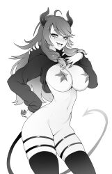 1girl ahoge brassica breasts clothes_lift colored_extremities commission covered_erect_nipples demon_girl demon_horns demon_tail heart heart_in_eye highres hood hood_down hoodie hoodie_lift horns indie_virtual_youtuber long_hair long_sleeves mimic_synmodeus_(vtuber) navel open_mouth pasties solo star_(symbol) star_pasties symbol_in_eye tail thigh_strap thighhighs virtual_youtuber
