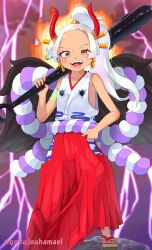 Rule 34 | 1girl, black wings, blood, club (weapon), commentary request, cosplay, dark-skinned female, dark skin, fire, green blood, hamaeru, high ponytail, highres, holding, holding club, holding weapon, horns, japanese clothes, kimono, long hair, one piece, open mouth, ponytail, red horns, red skirt, rope, s-snake, skirt, sleeveless, sleeveless kimono, solo, teeth, weapon, white hair, white kimono, wings, yamato (one piece), yamato (one piece) (cosplay), yellow eyes