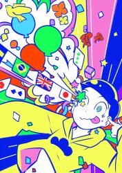 1boy balloon bird blue_eyes blue_hair brazilian_flag card closed_mouth cloud_print colorful commentary_request confetti dice finger_to_head fingernails fish flat_color flower garland_(decoration) hanada_hyou heart hood hood_down hoodie japanese_flag laser long_sleeves male_focus matsuno_jyushimatsu midriff_peek multicolored_background orange_flower osomatsu-san osomatsu_(series) playing_card pointing pointing_at_self rainbow_order screw short_hair sleeves_past_wrists smile smoke solo spade_(shape) sparkle swedish_flag tongue tongue_out union_jack upper_body wavy_mouth yellow_flower yellow_hoodie