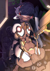 1girl absurdres ass back black_hair breasts cable closed_mouth cockpit commentary from_above from_behind glowing hair_between_eyes head_tilt headgear highres long_hair looking_at_viewer looking_back looking_up mecha_musume medium_breasts monitor original ponytail red_eyes ringobatake science_fiction sitting solo