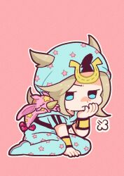 1boy 1other blonde_hair blue_eyes blue_hat blue_hoodie blue_pants chibi chibi_only colored_skin commentary full_body hand_on_own_chin hat head_rest highres hood hood_down hoodie horseshoe_hat_ornament horseshoe_ornament johnny_joestar jojo_no_kimyou_na_bouken kneeling lying_on_person m_a_a_m_8 male_focus medium_hair outline pants pink_background pink_skin puff_of_air short_sleeves sitting solo stand_(jojo) star_(symbol) star_print steel_ball_run symbol-only_commentary tusk_(stand) tusk_act1 wariza white_outline wristband