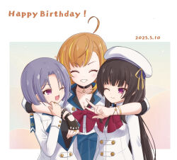 3girls ;) ;d ^_^ ahoge arm_around_shoulder arms_at_sides artist_name assault_lily asymmetrical_bangs beret black_choker black_gloves black_hair black_shirt blonde_hair blue_skirt blush bob_cut bow bowtie bracelet breasts buttons choker cleavage closed_eyes closed_mouth collarbone commentary_request dated earrings facing_viewer fingerless_gloves girl_sandwich gloves gradient_background green_background grey_hair grin hand_on_another&#039;s_arm hand_up hands_up happy_birthday hat hat_ribbon herensuge_girls_academy_school_uniform high-waist_skirt inoguchi_minto jacket jewelry kagawa_makina kariya_higure long_hair long_sleeves looking_at_another looking_to_the_side medium_breasts mole mole_under_mouth morimoto_yuni multicolored_hair multiple_girls one_eye_closed open_mouth orange_hair parted_bangs partially_unbuttoned pendant_choker pink_background pink_eyes red_bow red_bowtie ribbon ring sandwiched school_uniform shirt short_hair single_fingerless_glove skirt smile standing streaked_hair studded_bracelet studded_gloves three-quarter_sleeves two-tone_hair upper_body v v-shaped_eyebrows very_long_hair white_background white_hat white_jacket yellow_background yellow_ribbon