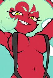 1girl armpits artiah669 bikini black_bikini breasts colored_skin demon_girl female_focus green_eyes green_hair grin large_breasts long_hair looking_at_viewer navel panty_&amp;_stocking_with_garterbelt red_skin scanty_(psg) sharp_teeth slingshot_swimsuit smile solo swimsuit teeth very_long_hair