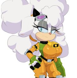 animal_ears animal_nose bell belt belt_buckle bodysuit breasts buckle collar eyelashes fingerless_gloves fluffy gloves goggles goggles_on_head hair_between_eyes hand_on_own_hip highres lanolin_the_sheep large_breasts long_hair sega sheep sheep_ears sheep_girl simple_background sonic_(series) twintails very_long_hair white_background white_fur wool