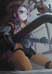 1girl absurdres black_gloves blue_archive commentary_request cosplay crossover crowbar dokomon forehead gloves gordon_freeman gordon_freeman_(cosplay) half-life_(series) halo headcrab hev_suit highres holding holding_crowbar indoors korean_commentary long_hair open_mouth power_symbol purple_eyes purple_hair v-shaped_eyebrows very_long_hair wading water yuzu_(blue_archive)