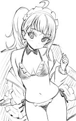 Rule 34 | 1girl, absurdres, alternate costume, bikini, blunt bangs, blush, breasts, cleavage, closed mouth, detached collar, enmaided, frilled bikini, frills, greyscale, halterneck, highres, hiragizaka aoi, hirogaru sky! precure, long hair, long sleeves, maid, maid bikini, maid headdress, monochrome, navel, precure, side-tie bikini bottom, side ponytail, sketch, small breasts, sora harewataru, swimsuit, unconventional maid, white background
