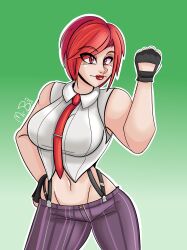 1girl absurdres breasts female_focus gloves hand_on_own_hip highres large_breasts leather looking_at_viewer misterbright misterbright64 pale_skin pants red_eyes red_hair shirt short_hair sleeveless snk standing suspenders the_king_of_fighters thick_lips thighs vanessa_(kof) white_shirt