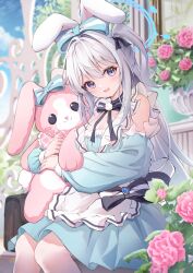 1girl alternate_costume animal_ears bare_shoulders blue_archive blue_dress blue_eyes blue_halo breasts bush doll dress fake_animal_ears flower grey_hair hair_intakes halo highres holding holding_stuffed_toy long_hair long_sleeves looking_at_viewer miyako_(blue_archive) one_side_up open_mouth pink_flower puffy_long_sleeves puffy_sleeves purple_eyes ribbon side_ponytail sidelocks sitting smile solo stuffed_animal stuffed_rabbit stuffed_toy tomo_(tomosa011326)