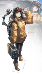 1girl :o absurdres adjusting_eyewear artist_name backpack bag black_hair black_hat black_pantyhose blue_eyes boots closed_mouth coat commentary english_commentary franlol full_body goggles goggles_on_headwear hand_on_eyewear hat highres holding holding_bag lace-up_boots long_sleeves looking_at_viewer multiple_views open_mouth original pantyhose short_hair solo standing yellow_boots yellow_coat