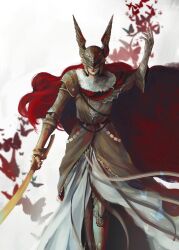 1girl absurdres arm_up armor billowing_cape brown_dress bug butterfly cape covered_eyes dress elden_ring fur_collar gold_armor golden_sword helmet helmet_over_eyes highres holding holding_sword holding_weapon insect long_hair malenia_blade_of_miquella prosthesis prosthetic_arm prosthetic_leg red_butterfly red_cape red_hair scar scar_on_hand skirt sword user_jpzw3232 valkyrie warrior weapon white_background white_skirt winged_helmet