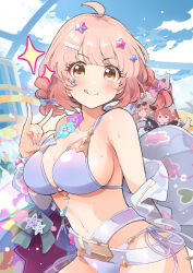 1girl 3girls ahoge bare_shoulders beads bikini blonde_hair braid breasts chieru_(princess_connect!) chieru_(winter)_(princess_connect!) chloe_(princess_connect!) chloe_(winter)_(princess_connect!) cleavage eyewear_on_head friendship_club_(princess_connect!) hair_ornament hairband ito_ryo jewelry large_breasts multiple_girls navel official_alternate_costume orange_hair pink_hair princess_connect! purple_bikini star_(symbol) star_hair_ornament star_in_eye swimsuit symbol_in_eye tongue tongue_out twin_braids yellow_eyes yuni_(princess_connect!) yuni_(winter)_(princess_connect!)