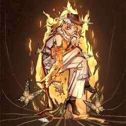 1girl alternate_costume bare_shoulders black_hat black_shoes blonde_hair brown_background bug butterfly commentary_request crossed_legs detached_sleeves fire from_side full_body fur_collar hand_on_own_face hand_up hat high_heels highres insect long_hair long_sleeves looking_at_viewer matara_okina open_mouth orange_sleeves orange_tabard pants shirt shoes shouxishao_jiuyuan simple_background sitting sleeveless sleeveless_shirt smile solo tabard torn_clothes touhou wavy_hair white_butterfly white_pants white_shirt wide_sleeves yellow_butterfly yellow_eyes