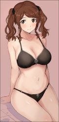 1girl amagami arm_support bikini black_bikini blush breasts brown_hair cleavage collarbone curvy feet_out_of_frame hair_ribbon large_breasts light_smile looking_at_viewer mobu nakata_sae navel ribbon simple_background sitting skindentation solo swept_bangs swimsuit twintails