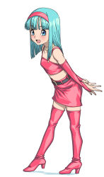 1girl baasaku_(balasaku24) belt blue_eyes blue_hair blush boots bra_(dragon_ball) dragon_ball dragon_ball_gt earrings full_body hairband high_heel_boots high_heels highres jewelry long_hair looking_at_viewer midriff navel open_mouth red_thighhighs simple_background skirt smile solo thighhighs white_background