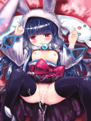 aftersex ajitarou_(setsu) bar_censor black_hair black_thighhighs blush breasts breath capelet censored cleft_of_venus cum cum_in_pussy cumdrip detached_sleeves drooling emil_chronicle_online frilled_capelet frills highres japanese_clothes loli long_hair mitama_mikoto on_bed pussy pussy_juice rabbit_ear_headwear red_eyes red_ribbon ribbon small_breasts thighhighs