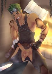1boy aiden_flynn camp_buddy erection fire green_hair grin highres male_focus mikkoukun muscular penis smile solo steam sweat sword tattoo testicles weapon