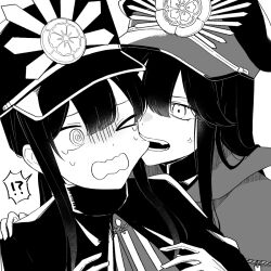 !? &gt;_o 1boy 1girl @_@ anger_vein biting biting_cheek black_cape black_hat brother_and_sister cape center-flap_bangs chain collared_cape crest crying family_crest fang fate/grand_order fate_(series) hair_between_eyes hand_on_another&#039;s_shoulder hands_up hat high_collar jacket kepi long_hair looking_at_another low_ponytail military_hat military_jacket military_uniform monochrome oda_nobukatsu_(fate) oda_nobunaga_(fate) oda_uri one_eye_closed peaked_cap ponytail raised_eyebrows shaded_face siblings sidelocks simple_background spoken_interrobang teardrop wavy_mouth white_background yzrh0