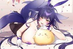 1girl absurdres animal_ear_fluff animal_ears areola_slip ass azur_lane black_pantyhose blue_hair breasts commentary_request confetti fake_animal_ears fishnet_pantyhose fishnets fox gloves highres huge_breasts kitsune kyuubi long_hair looking_at_viewer lying manjuu_(azur_lane) multiple_tails musashi_(azur_lane) musashi_(the_purple_rabbit&#039;s_marksmanship)_(azur_lane) official_alternate_costume official_alternate_hairstyle on_stomach open_mouth pantyhose smile tail white_gloves yakool yellow_eyes