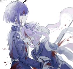 1833529948 1boy 1girl belt black_bow black_hair black_hairband black_jacket black_shirt blood blood_from_forehead blood_from_mouth blood_on_face bow brother_and_sister chinese_commentary closed_mouth commentary_request grey_eyes hair_bow hairband highres impaled jacket last_defense_academy_school_uniform long_hair neckerchief pink_hair red_pupils school_uniform shirt short_hair siblings sketch the_hundred_line_-last_defense_academy- tsukumo_ima tsukumo_kako twins white_belt white_neckerchief