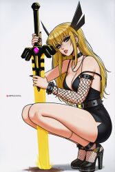 1girl black_choker black_dress black_nails black_shoes blonde_hair blue_eyes choker detached_sleeves dress earrings fingernails fishnet_sleeves fishnets hair_ornament high_heels highres holding holding_sword holding_weapon huge_weapon jewelry long_hair looking_at_viewer magik_(x-men) marvel marvel_rivals nail_polish prixmal sharp_fingernails shoes short_dress single_detached_sleeve solo spiked_choker spikes squatting strap_slip sword weapon x-men