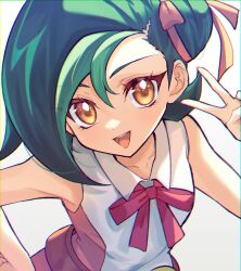 1girl bare_shoulders character_request collarbone green_hair highres mizuki_kotori_(yu-gi-oh!) pentacle_dark shirt simple_background solo upper_body white_background white_shirt yellow_eyes yu-gi-oh! yu-gi-oh!_zexal
