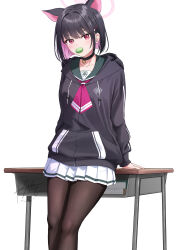 1girl against_desk animal_ears artist_name black_choker black_hair black_jacket black_pantyhose blue_archive cat_ears cat_girl choker colored_inner_hair commentary desk extra_ears feet_out_of_frame food green_sailor_collar hair_ornament hairclip halo highres hood hood_down hooded_jacket jacket kazusa_(blue_archive) looking_at_viewer macaron miniskirt mouth_hold multicolored_hair neckerchief pantyhose pink_hair pink_halo pink_neckerchief pleated_skirt red_eyes sailor_collar school_desk short_hair simple_background skirt skyrail solo white_background white_skirt