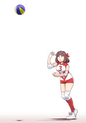 1girl absurdres ball brown_eyes brown_hair commentary_request elbow_pads girls_und_panzer headband highres knee_pads kondou_taeko leaning_forward looking_up medium_hair partial_commentary playing_sports red_headband red_shirt red_shorts red_socks satou_yasu shirt shoes short_shorts shorts simple_background single_vertical_stripe sleeveless sleeveless_shirt sneakers socks solo sportswear standing tossing volleyball volleyball_(object) volleyball_uniform white_background white_shoes