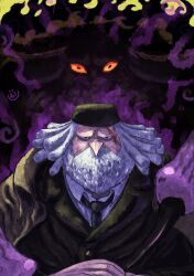 1boy absurdres alternate_form beard black_coat black_eyes black_hat black_necktie black_suit claws coat collared_shirt colored_sclera dreadlocks facial_hair formal_clothes glowing glowing_eyes hat highres horns jaygarcia_saturn looking_at_viewer male_focus medium_hair mustache necktie one_piece onepiece_banbi orange_sclera scar scar_across_eye scar_on_face shirt spider_boy suit ushi-oni_(youkai) white_hair white_shirt