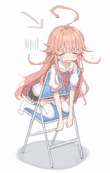 Rule 34 | 1girl, ahoge, arrow (symbol), black skirt, chair, closed eyes, commentary, crying, folding chair, full body, highres, kneeling, long hair, miniskirt, nalphanne, neckerchief, no shoes, nukigee mitai na shima ni sunderu watashi wa dou surya ii desu ka?, open mouth, pink hair, pleated skirt, puffy short sleeves, puffy sleeves, red neckerchief, sailor collar, school uniform, serafuku, shirt, short sleeves, simple background, skirt, solo, thighhighs, very long hair, watarai hinami, white background, white sailor collar, white shirt, white thighhighs