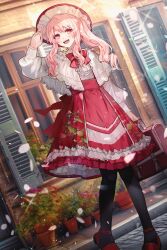 1girl :d akiyama_mizuki black_pantyhose blush bow briefcase capelet commentary_request day dress floral_print frilled_capelet frilled_dress frills hat highres holding holding_briefcase long_sidelocks looking_at_viewer open_mouth outdoors pantyhose pavement petals pink_hair plant potted_plant project_sekai puffy_sleeves red_bow red_eyes red_shoes rose_print shoes sidelocks sidewalk smile soha_blan solo sparkle standing swept_bangs wavy_hair white_capelet