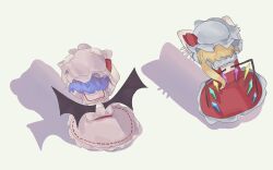 2girls bat_wings blonde_hair blue_hair cat_shadow_puppet_(meme) charisma_guard crystal crystal_wings double_w dress flandre_scarlet from_behind hat hat_ribbon meme middle_w mob_cap multiple_girls omomi_1587 pink_hat puffy_sleeves red_skirt red_vest remilia_scarlet ribbon shadow shadow_puppet short_hair short_sleeves siblings side_ponytail sisters skirt squatting touhou vest w white_hat wings wrist_cuffs