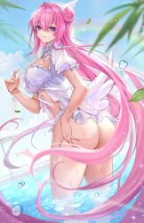1girl ass bikini blush breasts cruise_ship dorothy_(nikke) dorothy_(serendipity)_(nikke) dress_swimsuit goddess_of_victory:_nikke hair_bun hair_censor hanh_chu highres inflatable_wings large_breasts long_hair looking_at_viewer navel official_alternate_costume open_mouth outdoors pink_hair pool purple_eyes single_side_bun smile solo stomach swimsuit teeth thong_bikini very_long_hair water white_bikini