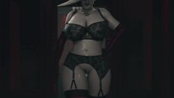 1girl 3d 60fps alcina_dimitrescu animated black_bra black_hair bouncing_breasts bra breasts cleavage cleft_of_venus earrings elbow_gloves garter_belt garter_straps generalbutch gloves hat highres huge_breasts jewelry looking_at_viewer mature_female navel necklace pale_skin pussy red_gloves red_thighhighs resident_evil resident_evil_village sun_hat tagme thighhighs underwear underwear_only video walking wide_hips yellow_eyes