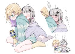 2girls absurdres aqua_jacket aqua_shorts asumi_sena bear_hair_ornament black_hair blonde_hair blush can chibi closed_mouth earrings full_body green_eyes grey_hair grey_thighhighs hair_ornament hanada_ten highres holding holding_can jacket jewelry kurumi_noah long_hair looking_at_viewer medium_hair multicolored_hair multiple_girls multiple_views necklace off_shoulder parted_bangs pink_eyes purple_hair shirt short_shorts shorts simple_background sitting socks streaked_hair thighhighs two-tone_hair virtual_youtuber vspo! white_background yellow_socks