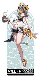 1girl absurdres armpits bare_shoulders beer_mug belt bikini bikini_shorts bikini_top_only black_bikini black_shorts bracelet breasts bright_pupils brown_belt brown_eyes brown_hair character_name commentary crossed_bangs cup drink elbow_gloves emblem feet front-tie_bikini_top front-tie_top full_body gloves grey_eyes grey_hair hair_between_eyes hair_intakes hat high_heel_sandals high_heels highres holding holding_behind_back holding_cup holding_drink holding_sword holding_sword_behind_back holding_weapon holding_weapon_behind_back honkai_(series) honkai_impact_3rd huiqian jewelry large_breasts leg_up legs looking_at_viewer mug multicolored_hair nail_polish navel official_alternate_costume orange_nails orange_ribbon orange_sash parted_lips pirate_hat red_pupils ribbon sandals short_hair short_shorts shorts sidelocks single_elbow_glove single_glove smile solo standing stomach strappy_heels streaked_hair swimsuit sword thigh_strap toenail_polish toenails toes two-tone_hair vill-v vill-v_(i&#039;m_the_storm) wavy_hair weapon white_gloves