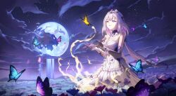 1girl absurdres asymmetrical_gloves breasts bug butterfly castorice_(honkai:_star_rail) commentary_request crescent_moon dress elbow_gloves flower gloves hair_flower hair_ornament highres honkai:_star_rail honkai_(series) insect korean_commentary long_hair m0_0m_c medium_breasts moon night night_sky pointy_ears purple_eyes purple_gloves purple_hair sky solo star_(sky) starry_sky uneven_gloves white_dress
