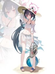 1girl animal_ear_fluff ball beachball bikini black_bikini black_hair blue_archive blush breasts closed_mouth collarbone extra_ears full_body hair_between_eyes halak0000 halo hat highres long_hair looking_at_viewer navel pink_halo red_eyes sandals sarong serika_(blue_archive) signature simple_background small_breasts solo standing straw_hat swimsuit twintails white_background white_sarong zoom_layer
