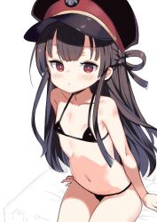 1girl bare_arms bare_shoulders bikini black_bikini black_hat breasts bright_pupils brown_hair closed_mouth collarbone commentary expressionless hachiroku_(maitetsu) hair_rings hat highres loli long_hair long_sidelocks looking_at_viewer maitetsu monomono navel peaked_cap red_eyes sidelocks sitting small_breasts solo stomach swimsuit white_pupils