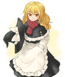 Rule 34 | 1girl, abekawa, adapted costume, apron, apron pocket, black cape, black skirt, blonde hair, blush, bow, braid, cape, capelet, closed mouth, commentary request, fur-trimmed capelet, fur trim, green bow, hair bow, hand in pocket, hat, hat bow, holding, holding unworn clothes, holding unworn hat, kirisame marisa, long hair, looking at viewer, no headwear, red scarf, scarf, side braid, single braid, skirt, smile, solo, touhou, unworn hat, unworn headwear, waist apron, white apron, witch hat, yellow eyes