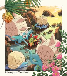 @_@ bird black_eyes border character_name chikafuji commentary_request day gen_1_pokemon gen_2_pokemon lying natu nintendo no_humans omanyte omastar on_side outdoors pokemon pokemon_(creature) spikes unconscious water white_border