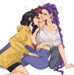 3girls black_hair blue_pants blush body_markings braid commentary double_bun dutch_braided_ponytail english_commentary hair_bun heart highres hood hoodie kpop_demon_hunters lipstick_mark lipstick_mark_on_neck lipstick_mark_on_shoulder long_hair mira_(kpop_demon_hunters) multiple_girls pants parted_lips pink_hair polyamory purple_hair purple_lips rumi_(kpop_demon_hunters) seijousai shirt sidelocks signature single_braid single_off_shoulder sitting very_long_hair white_shirt yellow_hoodie yuri zoey_(kpop_demon_hunters)